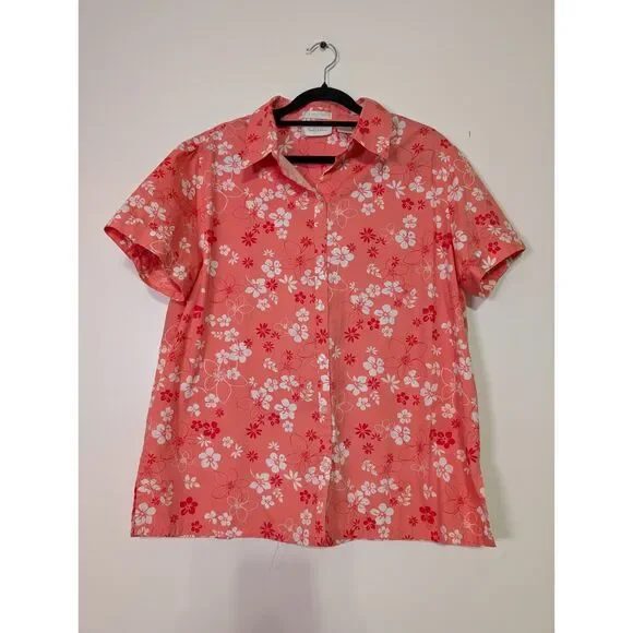 Coral Floral Summer Button Up Shirt Women’s Large Lightweight Top Feminine - Picture 2 of 6
